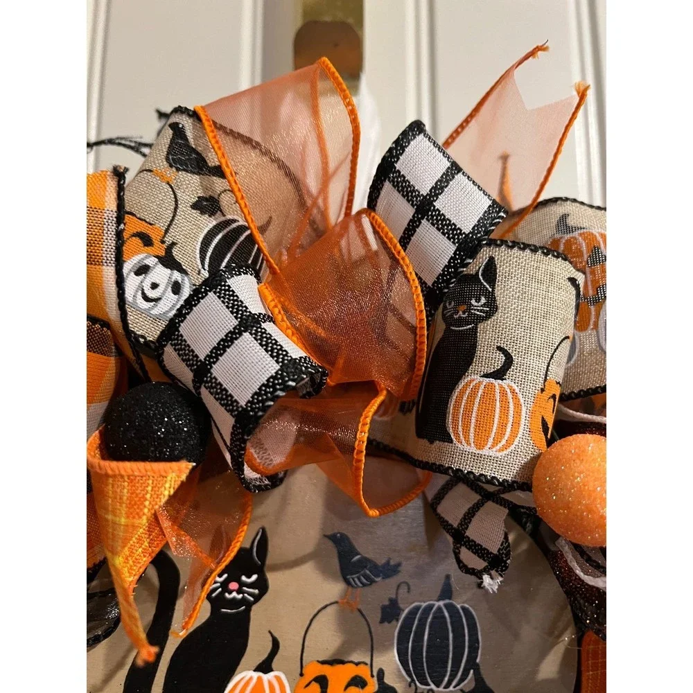 13 inch Halloween Ribbon Wreath Black Cat MW7